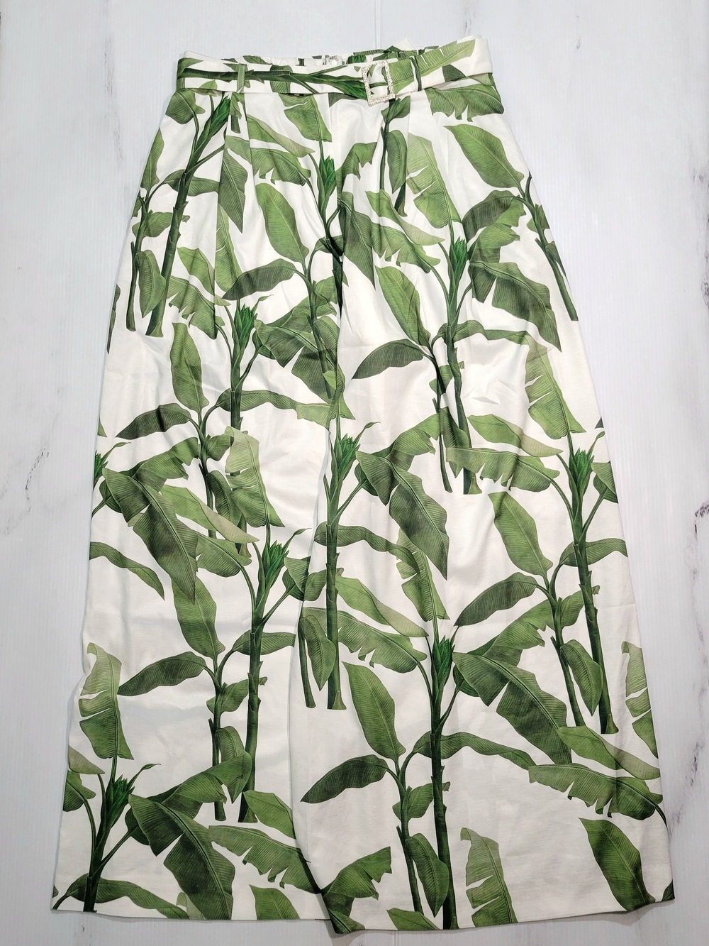 Fashion Nova Palm Leaf Wide Leg Pants Belted Tropical Green White Womens 1X NWT